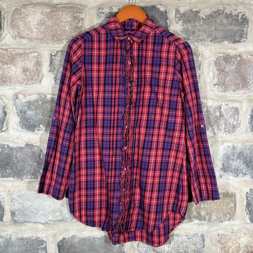 Betsey Johnsonโ Plaid Ruffle Front Button Down Long Sleeve Shirt Woman's Small